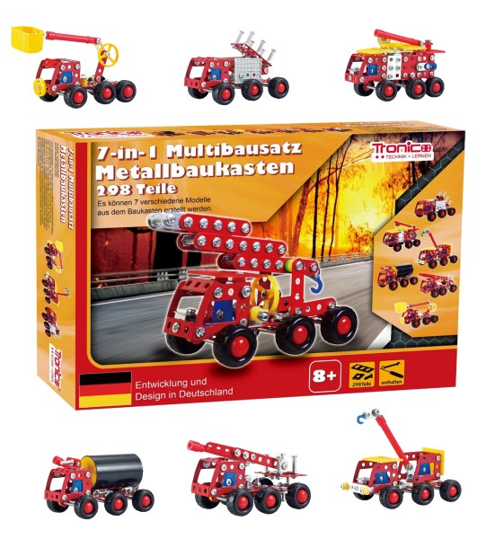 Tronico-Metallbaukasten-7in1-Feuerwehr-fahrzeuge-Starter-Multibausatz-Mint-Stem-Schule-Werkunterricht-Bauen-mit-Werkzeug-Konstruktionsspielzeug-Modellbau